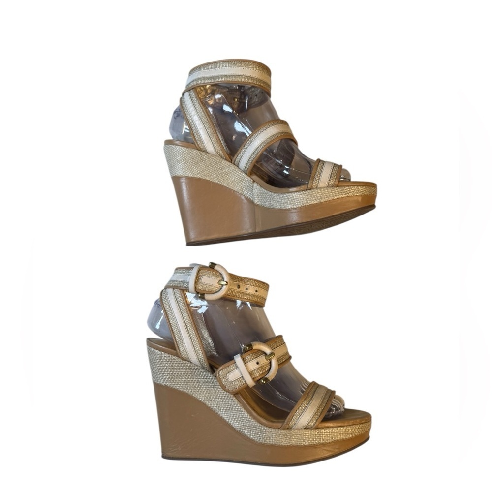 Coach Mariah Gold Raffia Wedge Sandals Size 7B Y2K Resort Glam Platform Heels - Picture 4 of 9